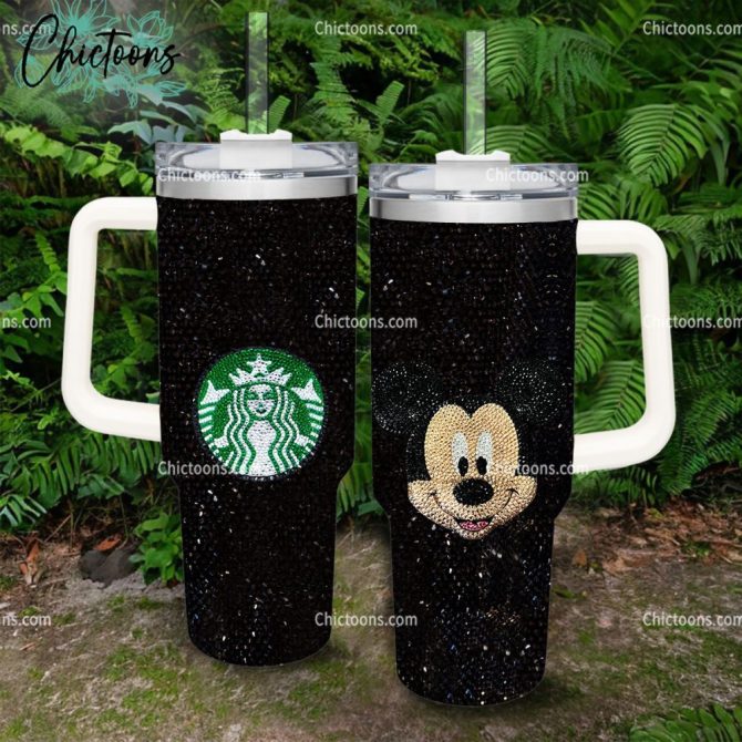 Black Rhinestone Bling Mickey Mouse Cartoon Custom Stanley Quencher 40Oz Stainless Steel Tumbler