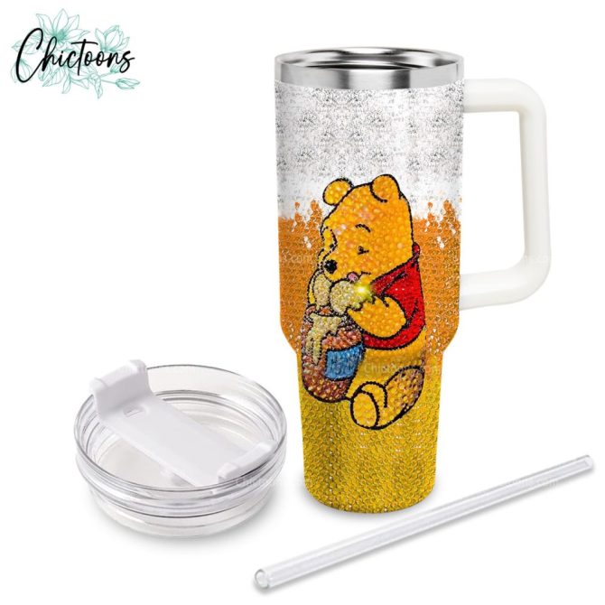 Black Rhinestone Bling Pooh Cartoon Custom Stanley Quencher 40Oz Stainless Steel Tumbler - Image 3