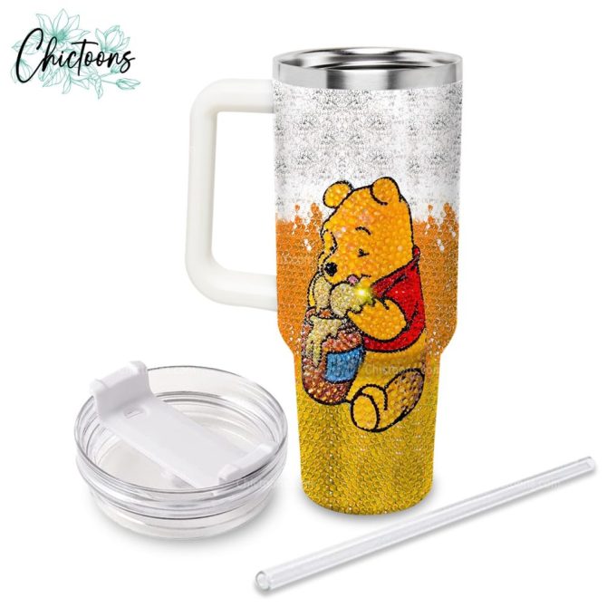 Black Rhinestone Bling Pooh Cartoon Custom Stanley Quencher 40Oz Stainless Steel Tumbler - Image 2