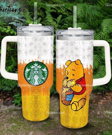 Black Rhinestone Bling Pooh Cartoon Custom Stanley Quencher 40Oz Stainless Steel Tumbler
