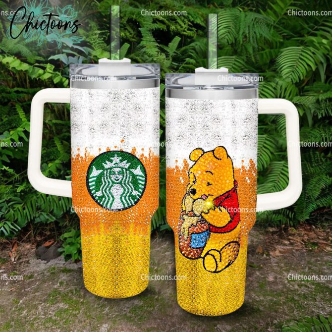 Black Rhinestone Bling Pooh Cartoon Custom Stanley Quencher 40Oz Stainless Steel Tumbler