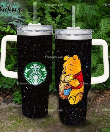 Black Rhinestone Bling Pooh Cartoon Custom Stanley Quencher 40Oz Stainless Steel Tumbler