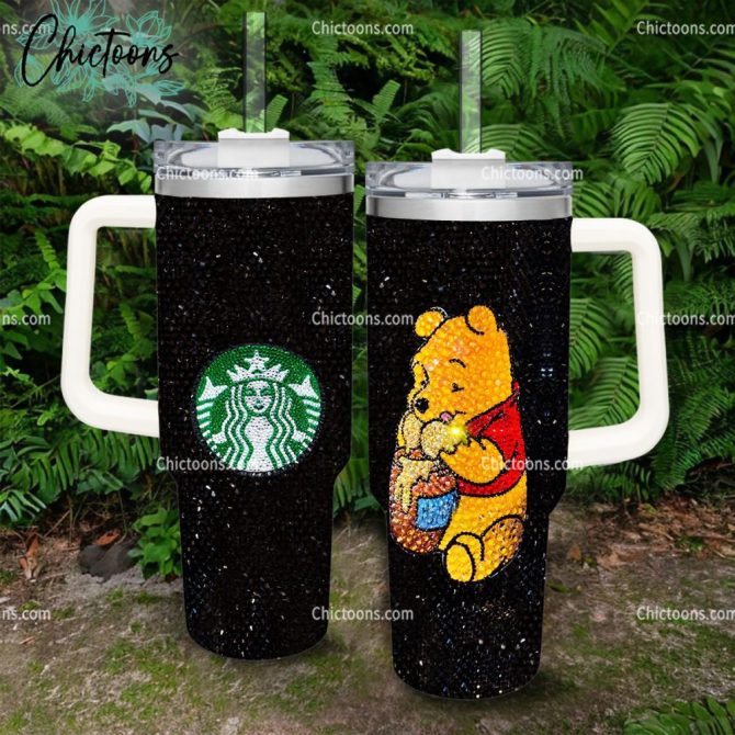 Black Rhinestone Bling Pooh Cartoon Custom Stanley Quencher 40Oz Stainless Steel Tumbler