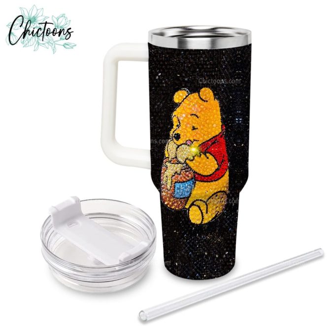 Black Rhinestone Bling Pooh Cartoon Custom Stanley Quencher 40Oz Stainless Steel Tumbler - Image 2