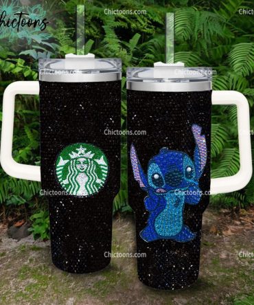 Black Rhinestone Bling Stitch Cartoon Custom Stanley Quencher 40Oz Stainless Steel Tumbler