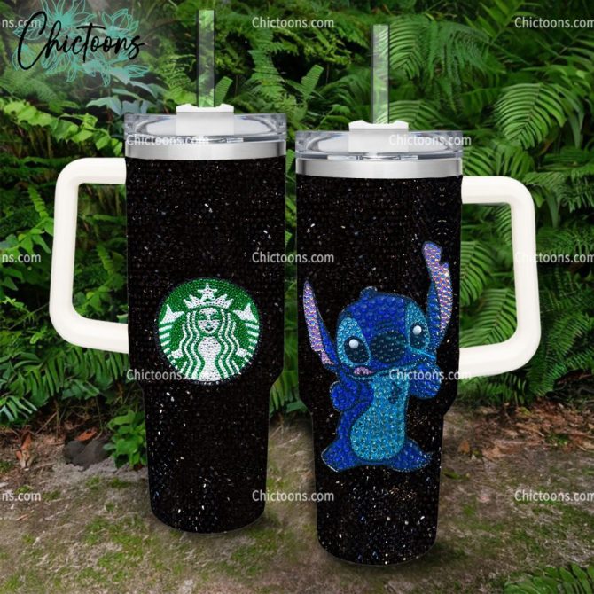 Black Rhinestone Bling Stitch Cartoon Custom Stanley Quencher 40Oz Stainless Steel Tumbler