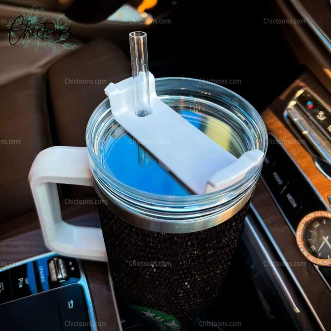 Black Rhinestone Bling Stitch Cartoon Custom Stanley Quencher 40Oz Stainless Steel Tumbler - Image 4