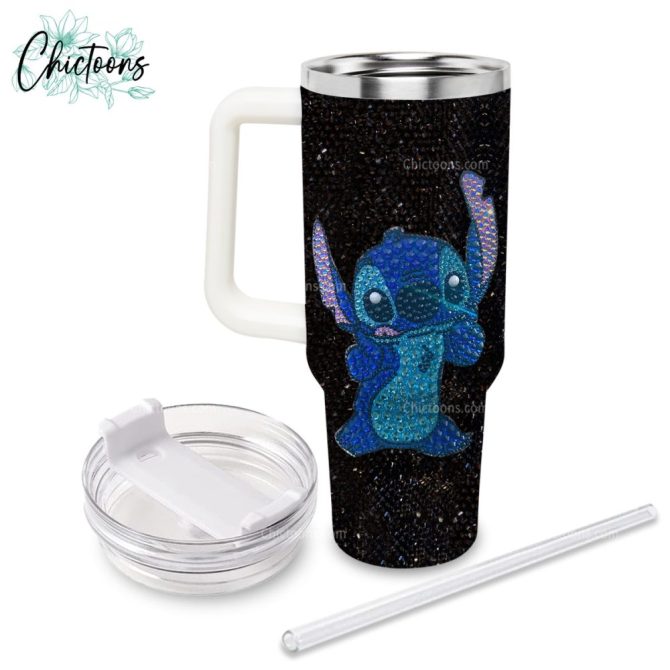 Black Rhinestone Bling Stitch Cartoon Custom Stanley Quencher 40Oz Stainless Steel Tumbler - Image 3
