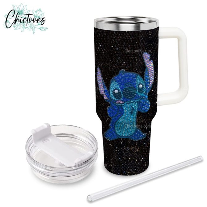 Black Rhinestone Bling Stitch Cartoon Custom Stanley Quencher 40Oz Stainless Steel Tumbler - Image 2