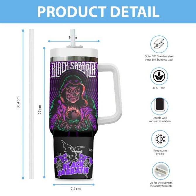 Black Sabbath Music Custom Stanley Quencher 40Oz Stainless Steel Tumbler - Image 4