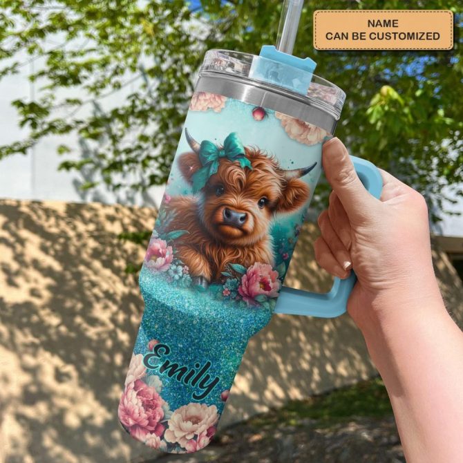 Blooming Moo-D #8211; Personalized Tumbler With Handle #8211; Gift For Highland Cow Lover Ncu0Pt17Custom Stanley Quencher 40Oz Stainless Steel Tumbler With Handle - Image 2