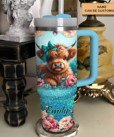 Blooming Moo-D #8211; Personalized Tumbler With Handle #8211; Gift For Highland Cow Lover Ncu0Pt17Custom Stanley Quencher 40Oz Stainless Steel Tumbler With Handle