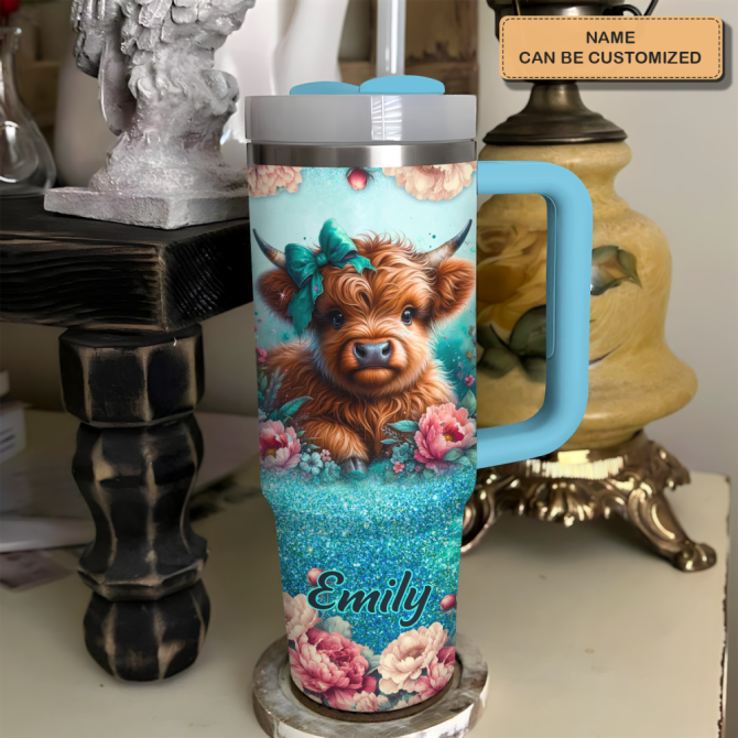 Blooming Moo-D #8211; Personalized Tumbler With Handle #8211; Gift For Highland Cow Lover Ncu0Pt17Custom Stanley Quencher 40Oz Stainless Steel Tumbler With Handle