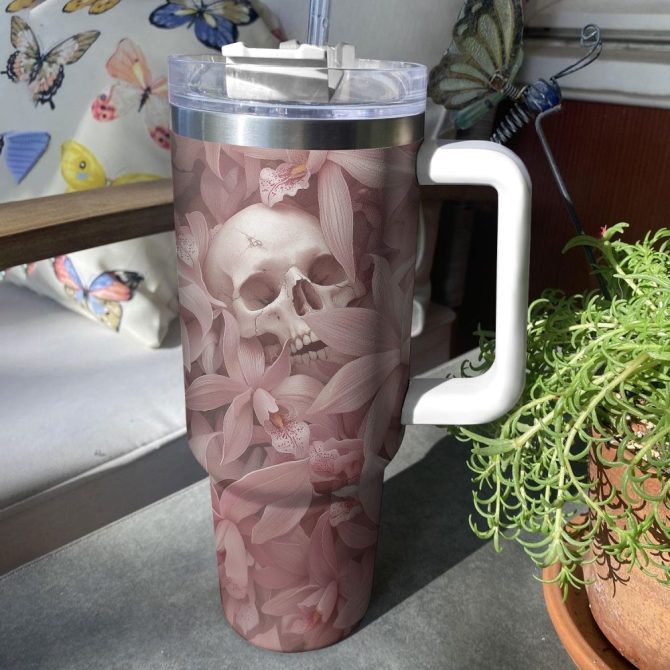 Blossom And Skull Custom Stanley Quencher 40Oz Stainless Steel Tumbler With Handle - Image 3
