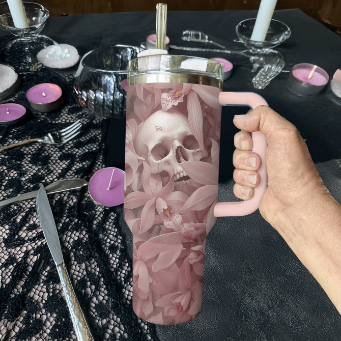 Blossom And Skull Custom Stanley Quencher 40Oz Stainless Steel Tumbler With Handle - Image 2