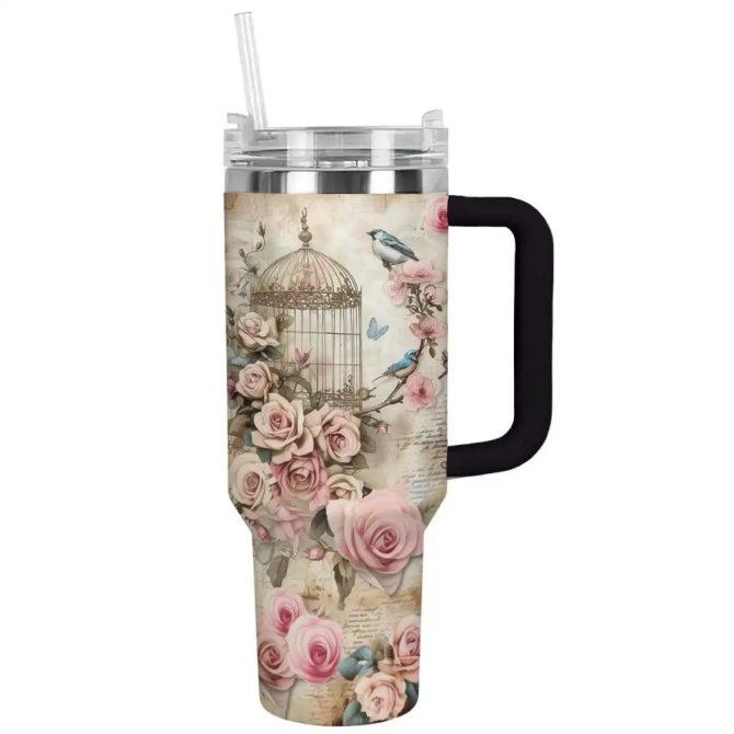Blossom Birdcage Custom Stanley Quencher 40Oz Stainless Steel Tumbler With Handle - Image 2