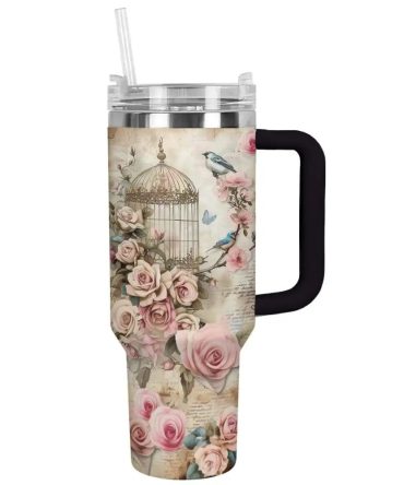 Blossom Birdcage Custom Stanley Quencher 40Oz Stainless Steel Tumbler With Handle