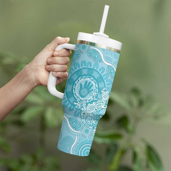 Blue Australia Lizard With Aboriginal Art Custom Stanley Quencher 40Oz Stainless Steel Tumbler With Handle - Image 4