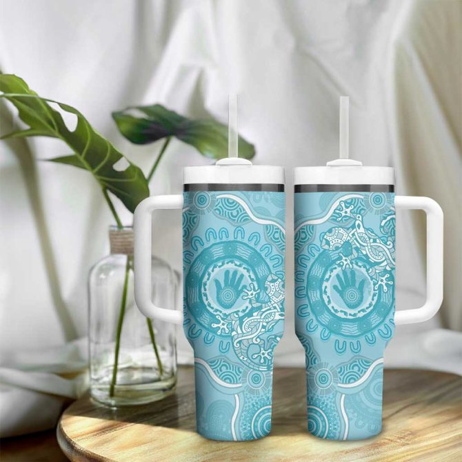 Blue Australia Lizard With Aboriginal Art Custom Stanley Quencher 40Oz Stainless Steel Tumbler With Handle - Image 9