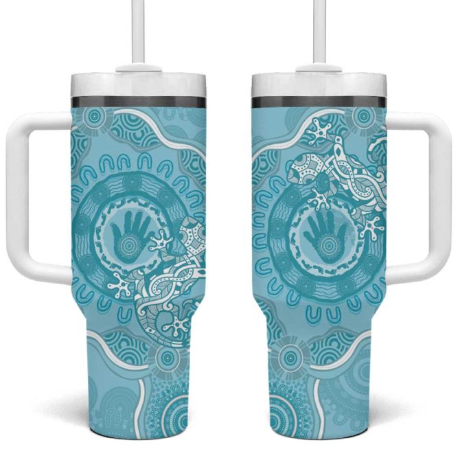 Blue Australia Lizard With Aboriginal Art Custom Stanley Quencher 40Oz Stainless Steel Tumbler With Handle - Image 2