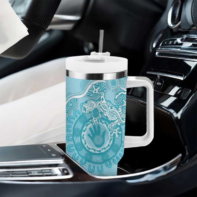 Blue Australia Lizard With Aboriginal Art Custom Stanley Quencher 40Oz Stainless Steel Tumbler With Handle - Image 8