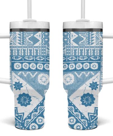 Blue Bula Fiji Masi Tapa Custom Stanley Quencher 40Oz Stainless Steel Tumbler With Handle