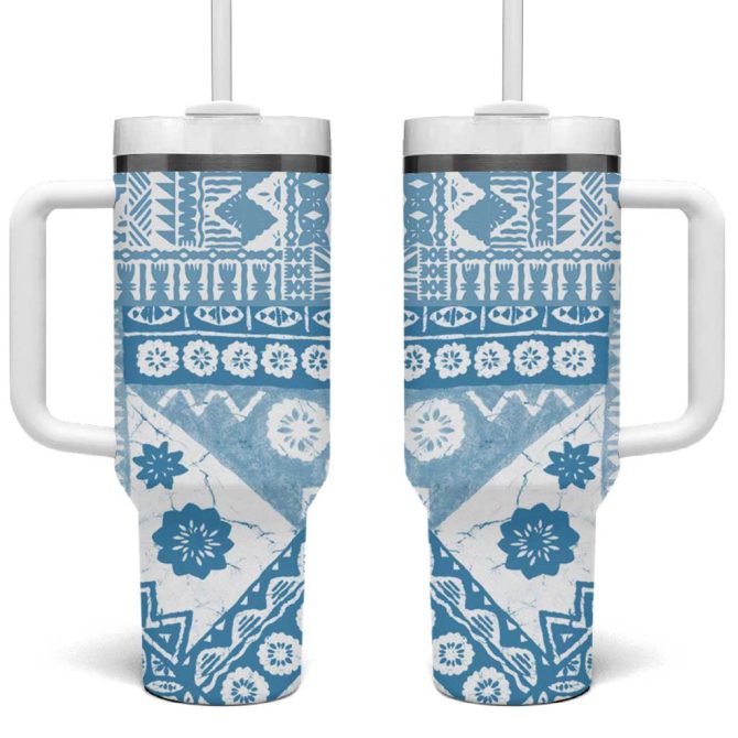 Blue Bula Fiji Masi Tapa Custom Stanley Quencher 40Oz Stainless Steel Tumbler With Handle