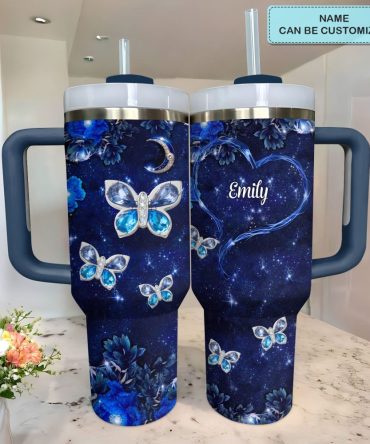 Blue Butterfly Gems Custom Stanley Quencher 40Oz Stainless Steel Tumbler With Handle