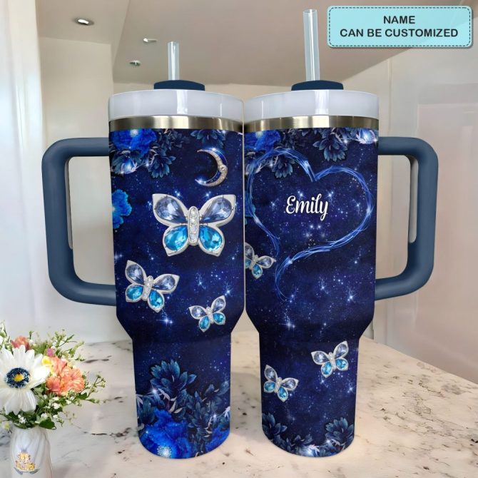 Blue Butterfly Gems Custom Stanley Quencher 40Oz Stainless Steel Tumbler With Handle