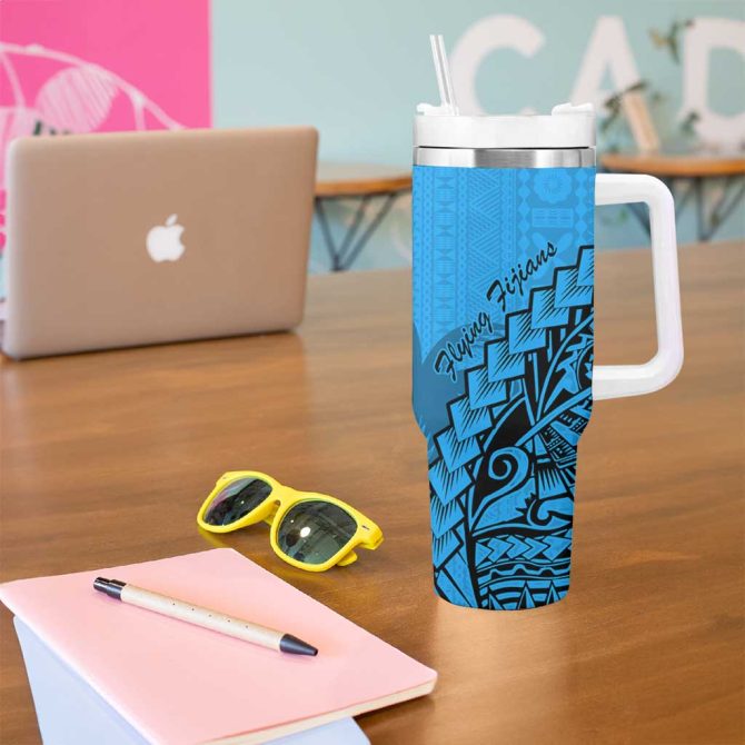 Blue Fiji Rugby Kaiviti Fijian Tribal World Cup Custom Stanley Quencher 40Oz Stainless Steel Tumbler With Handle - Image 5