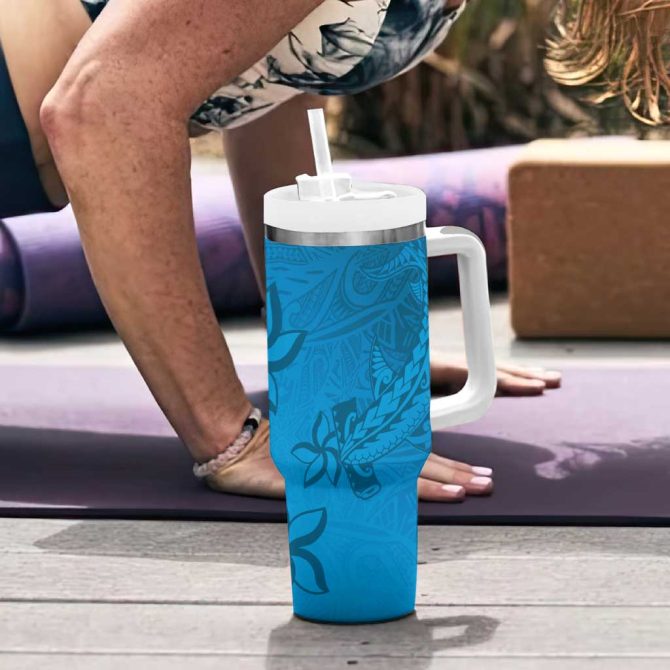 Blue Gradient Polynesia Hawaiian Tribal Hammerhead Shark Tattoo Custom Stanley Quencher 40Oz Stainless Steel Tumbler With Handle - Image 6