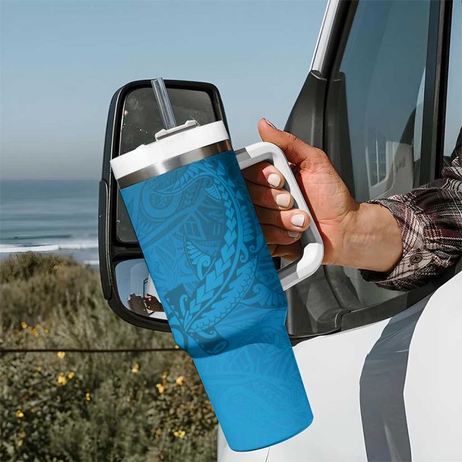 Blue Gradient Polynesia Hawaiian Tribal Hammerhead Shark Tattoo Custom Stanley Quencher 40Oz Stainless Steel Tumbler With Handle - Image 7