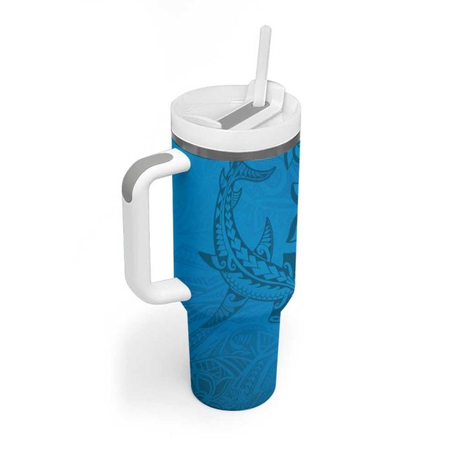 Blue Gradient Polynesia Hawaiian Tribal Hammerhead Shark Tattoo Custom Stanley Quencher 40Oz Stainless Steel Tumbler With Handle - Image 2