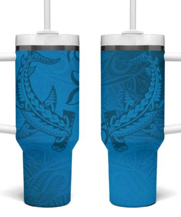 Blue Gradient Polynesia Hawaiian Tribal Hammerhead Shark Tattoo Custom Stanley Quencher 40Oz Stainless Steel Tumbler With Handle