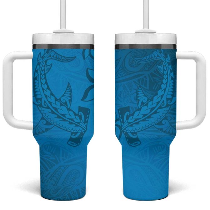 Blue Gradient Polynesia Hawaiian Tribal Hammerhead Shark Tattoo Custom Stanley Quencher 40Oz Stainless Steel Tumbler With Handle
