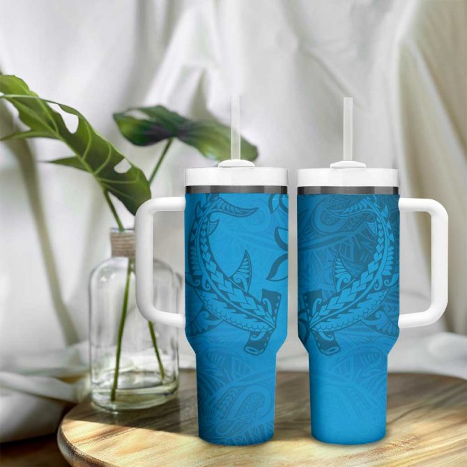 Blue Gradient Polynesia Hawaiian Tribal Hammerhead Shark Tattoo Custom Stanley Quencher 40Oz Stainless Steel Tumbler With Handle - Image 9