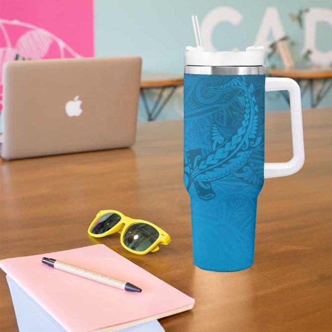 Blue Gradient Polynesia Hawaiian Tribal Hammerhead Shark Tattoo Custom Stanley Quencher 40Oz Stainless Steel Tumbler With Handle - Image 5