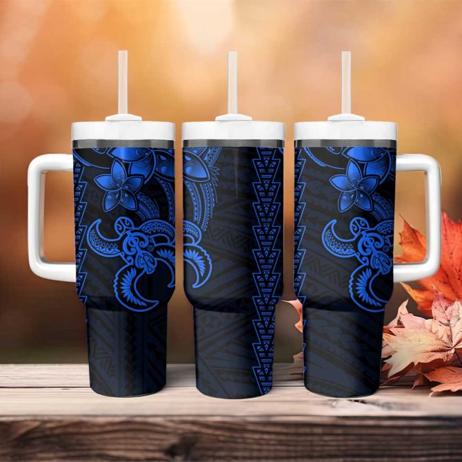 Blue Hawaiian Kakau Turtle Polynesian Tribal Custom Stanley Quencher 40Oz Stainless Steel Tumbler With Handle - Image 4
