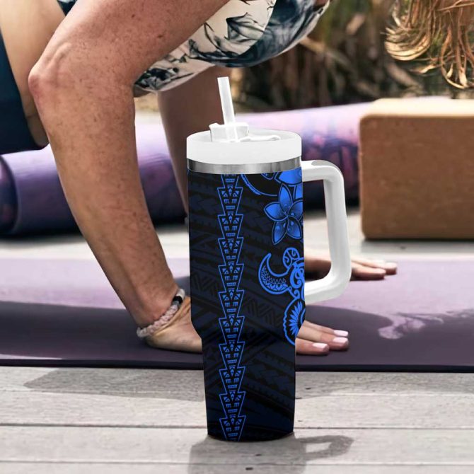Blue Hawaiian Kakau Turtle Polynesian Tribal Custom Stanley Quencher 40Oz Stainless Steel Tumbler With Handle - Image 6