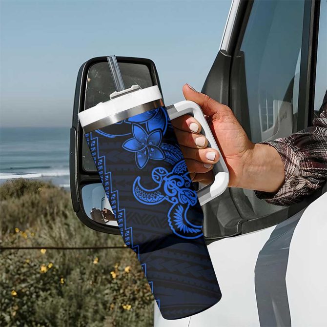 Blue Hawaiian Kakau Turtle Polynesian Tribal Custom Stanley Quencher 40Oz Stainless Steel Tumbler With Handle - Image 7