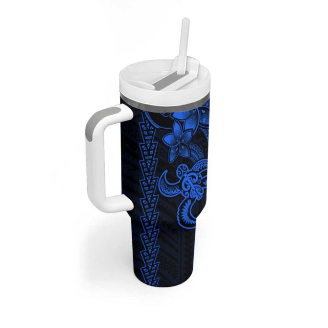 Blue Hawaiian Kakau Turtle Polynesian Tribal Custom Stanley Quencher 40Oz Stainless Steel Tumbler With Handle - Image 2