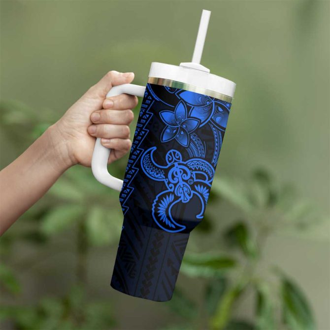 Blue Hawaiian Kakau Turtle Polynesian Tribal Custom Stanley Quencher 40Oz Stainless Steel Tumbler With Handle - Image 3