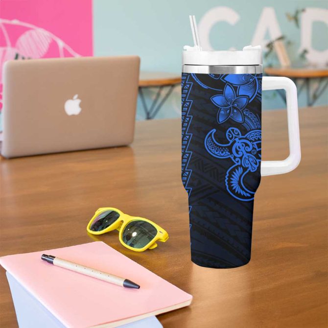 Blue Hawaiian Kakau Turtle Polynesian Tribal Custom Stanley Quencher 40Oz Stainless Steel Tumbler With Handle - Image 5