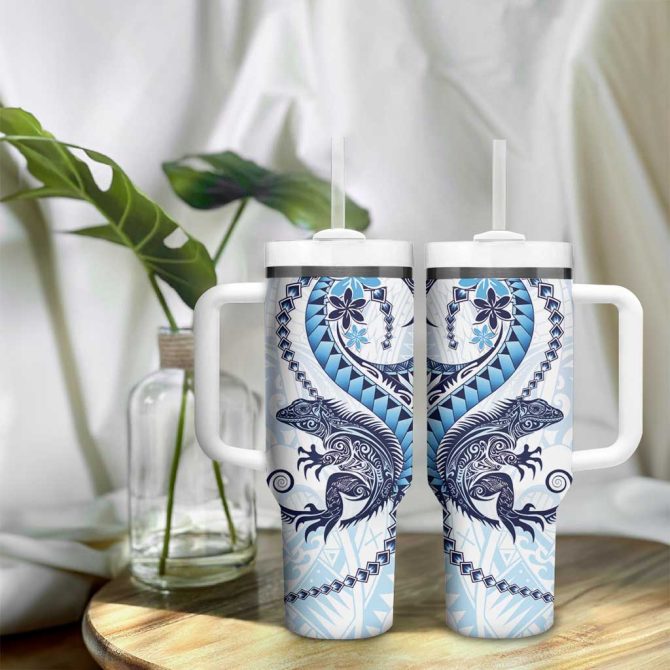 Blue Maori Tuatara Luxury Pastel Custom Stanley Quencher 40Oz Stainless Steel Tumbler With Handle - Image 9