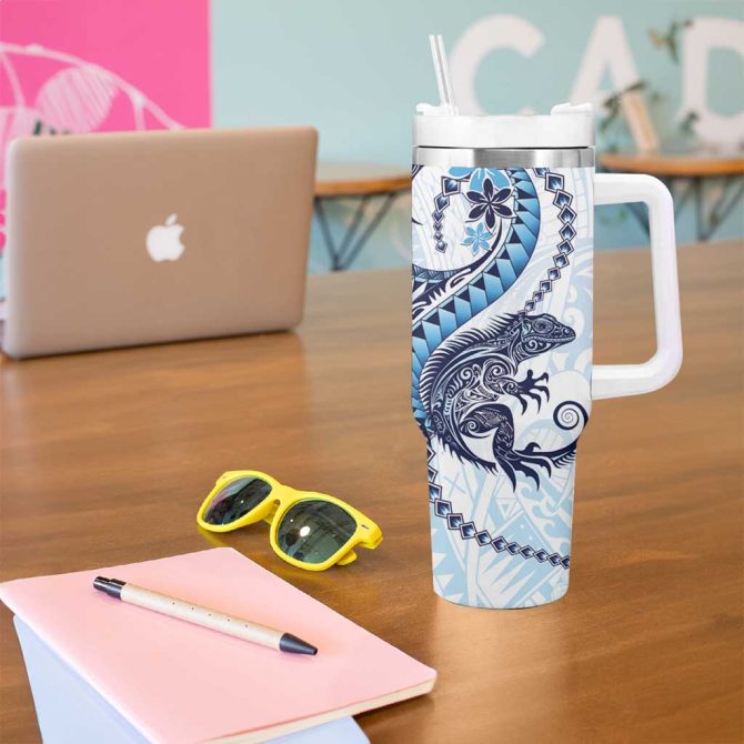 Blue Maori Tuatara Luxury Pastel Custom Stanley Quencher 40Oz Stainless Steel Tumbler With Handle - Image 5