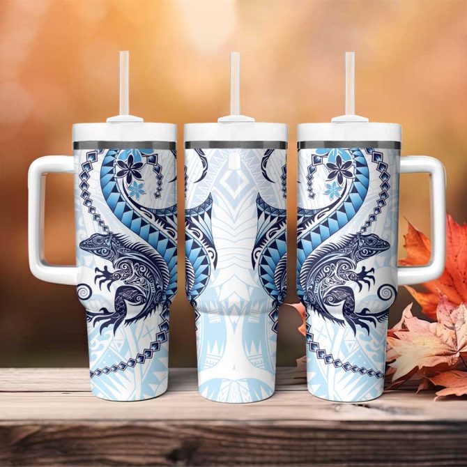 Blue Maori Tuatara Luxury Pastel Custom Stanley Quencher 40Oz Stainless Steel Tumbler With Handle - Image 4
