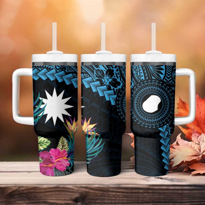 Blue Nauru Naoero Map With Polynesian Tropical Flowers Custom Stanley Quencher 40Oz Stainless Steel Tumbler With Handle - Image 4
