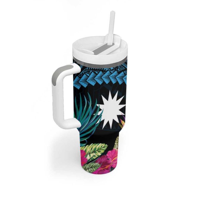 Blue Nauru Naoero Map With Polynesian Tropical Flowers Custom Stanley Quencher 40Oz Stainless Steel Tumbler With Handle - Image 2