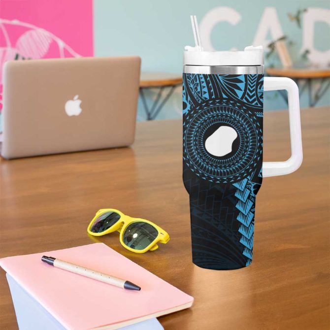 Blue Nauru Naoero Map With Polynesian Tropical Flowers Custom Stanley Quencher 40Oz Stainless Steel Tumbler With Handle - Image 5