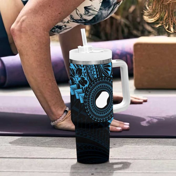 Blue Nauru Naoero Map With Polynesian Tropical Flowers Custom Stanley Quencher 40Oz Stainless Steel Tumbler With Handle - Image 6